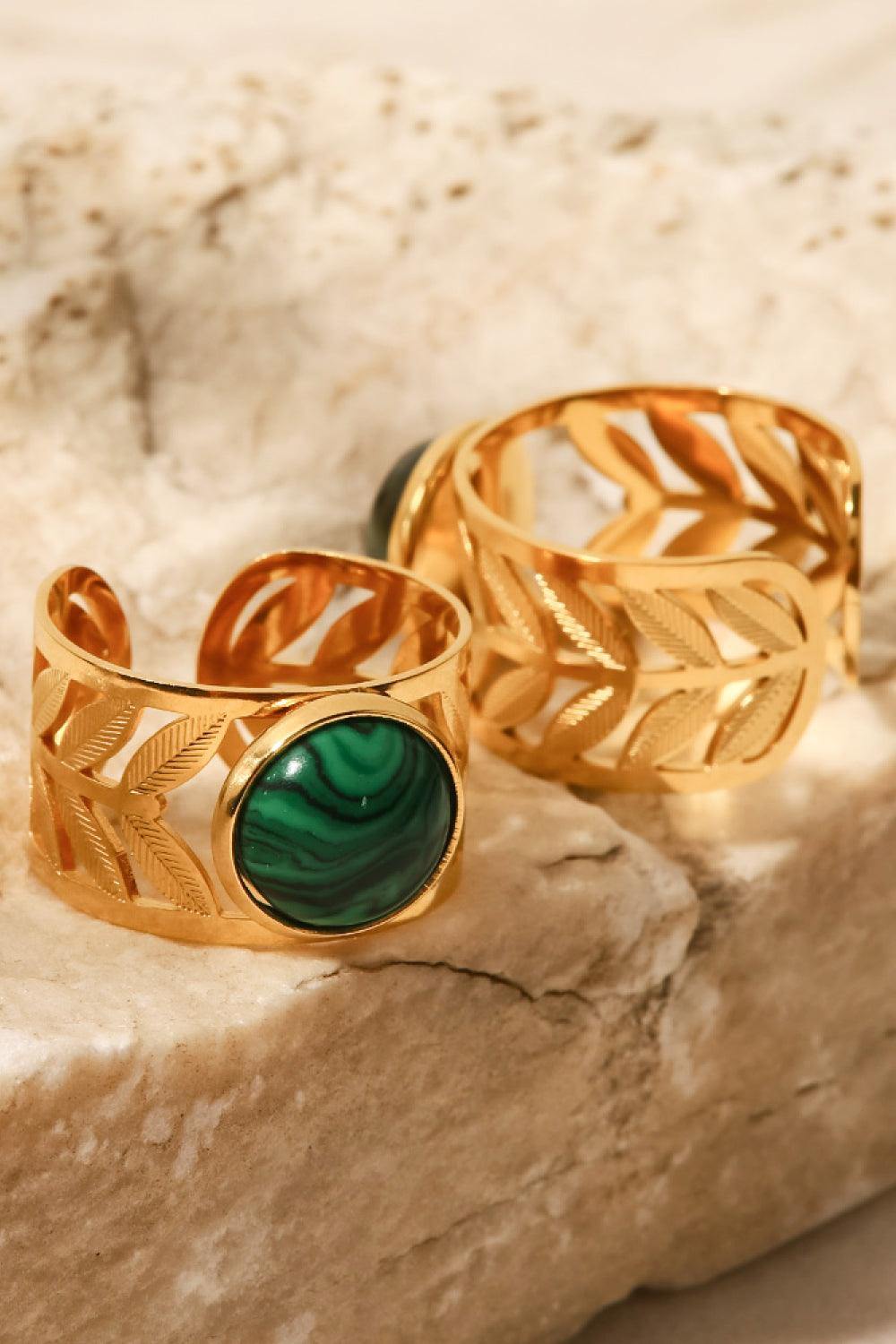 18k Gold Plated Malachite Leaf Ring - Trendsi