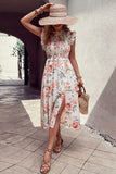 Floral Smocked Butterfly Sleeve Slit Dress - Flyclothing LLC