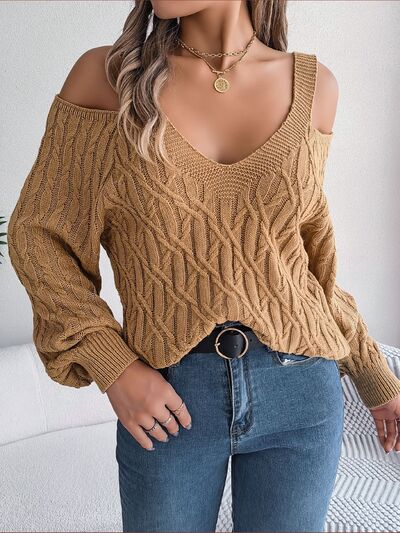 Cable-Knit Cold Shoulder Long Sleeve Sweater - Flyclothing LLC