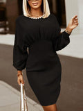 Round Neck Lantern Sleeve Dress - Flyclothing LLC