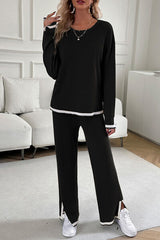 Contrast Trim Round Neck Top and Pants Set - Flyclothing LLC