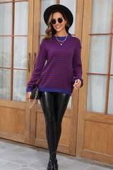 Striped Round Neck Dropped Shoulder Sweater - Flyclothing LLC