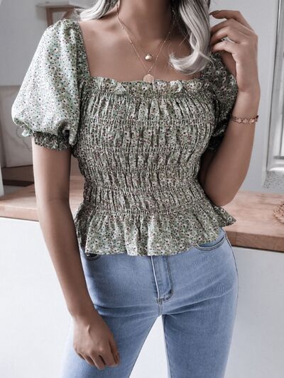 Frill Smocked Square Neck Short Sleeve Blouse - Flyclothing LLC