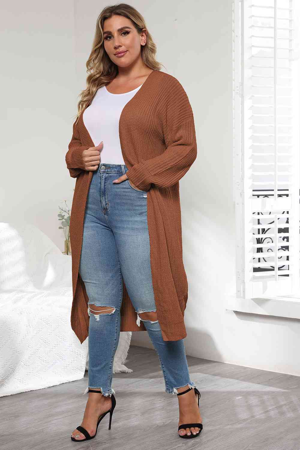 Plus Size Open Front Long Sleeve Cardigan - Flyclothing LLC