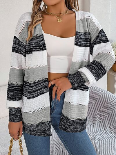 Openwork Striped Open Front Cardigan - Flyclothing LLC