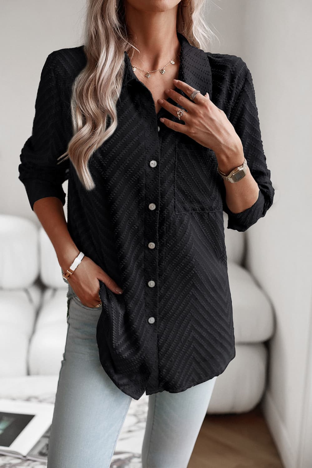 Collared Neck Long Sleeve Pocketed Shirt - Trendsi