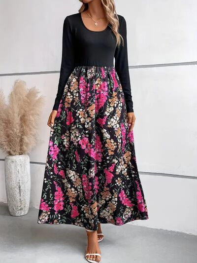 Floral Round Neck Long Sleeve Maxi Dress - Flyclothing LLC