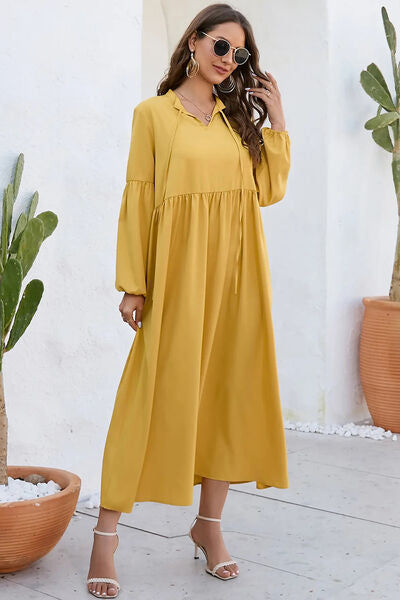 Ruched Tie Neck Balloon Sleeve Midi Dress - Flyclothing LLC