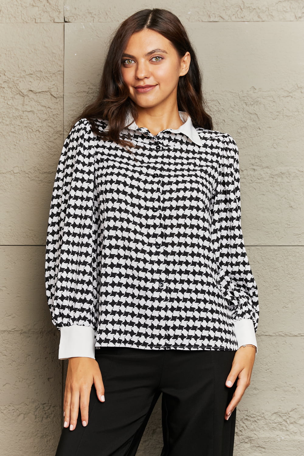 Printed Collared Neck Lantern Sleeve Shirt - Flyclothing LLC