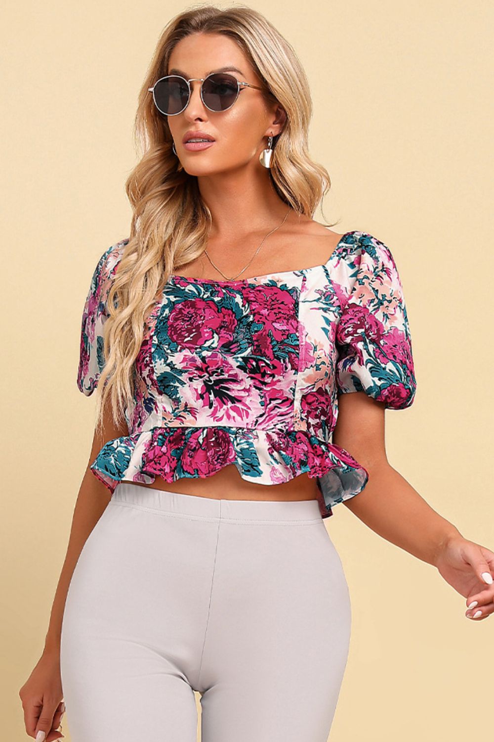 Floral Tied Cropped Peplum Blouse - Flyclothing LLC