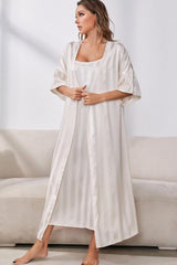 Striped Flounce Sleeve Open Front Robe and Cami Dress Set - Flyclothing LLC