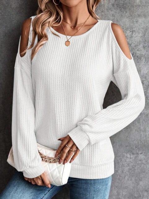 Round Neck Cold-Shoulder Waffle-Knit Top - Trendsi