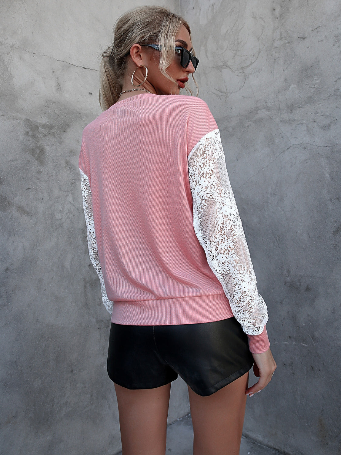 Lace Detail Round Neck Dropped Shoulder T-Shirt - Flyclothing LLC