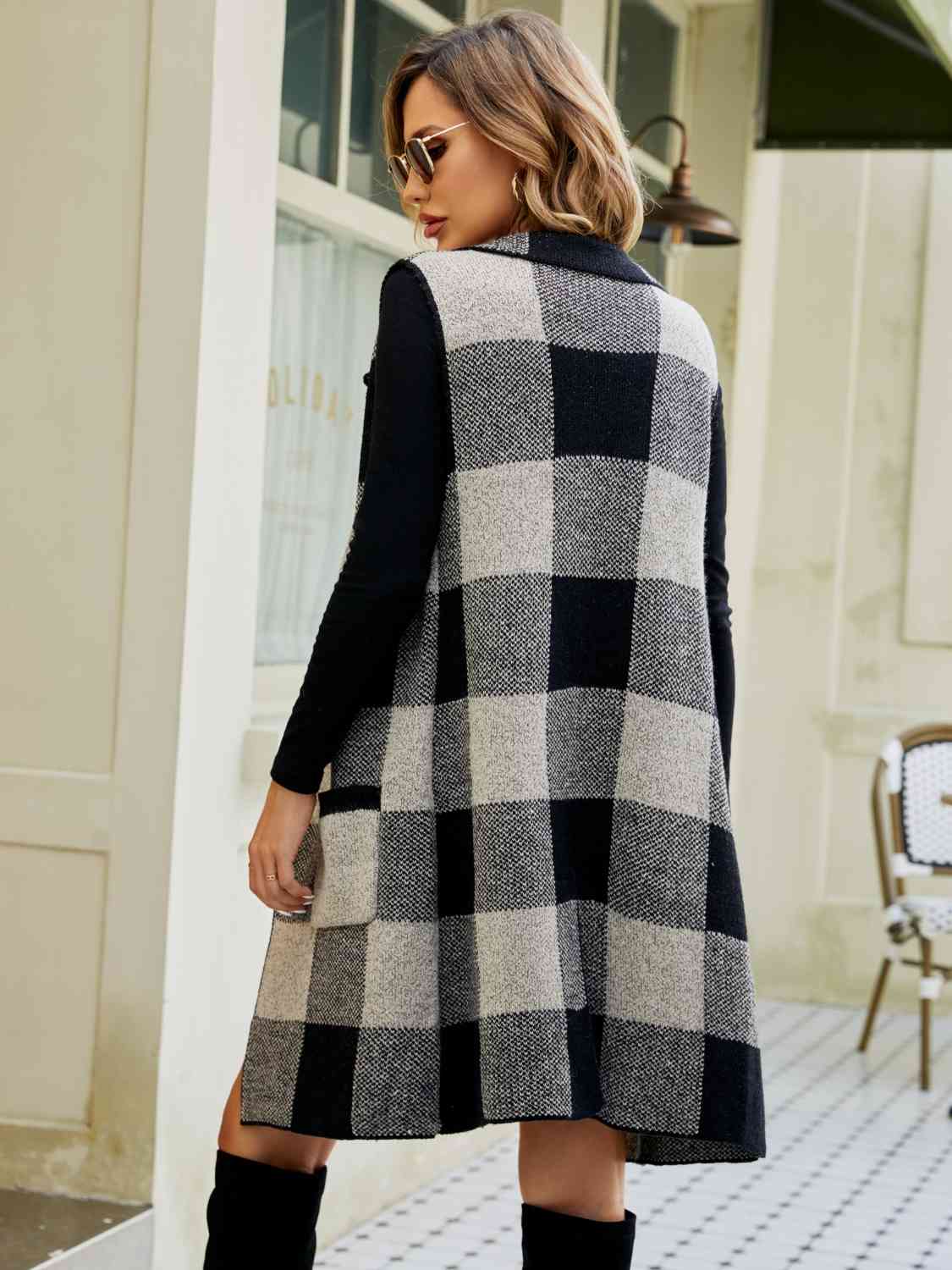 Plaid Lapel Collar Sleeveless Cardigan - Flyclothing LLC