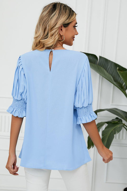 Pleated Flounce Sleeve Keyhole Blouse - Flyclothing LLC