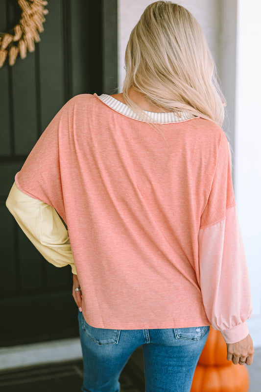 Color Block V-Neck Dropped Shoulder Sweatshirt with Pocket - Flyclothing LLC