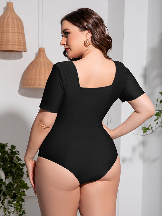 Plus Size Scoop Neck Short Sleeve One-Piece Swimsuit - Flyclothing LLC