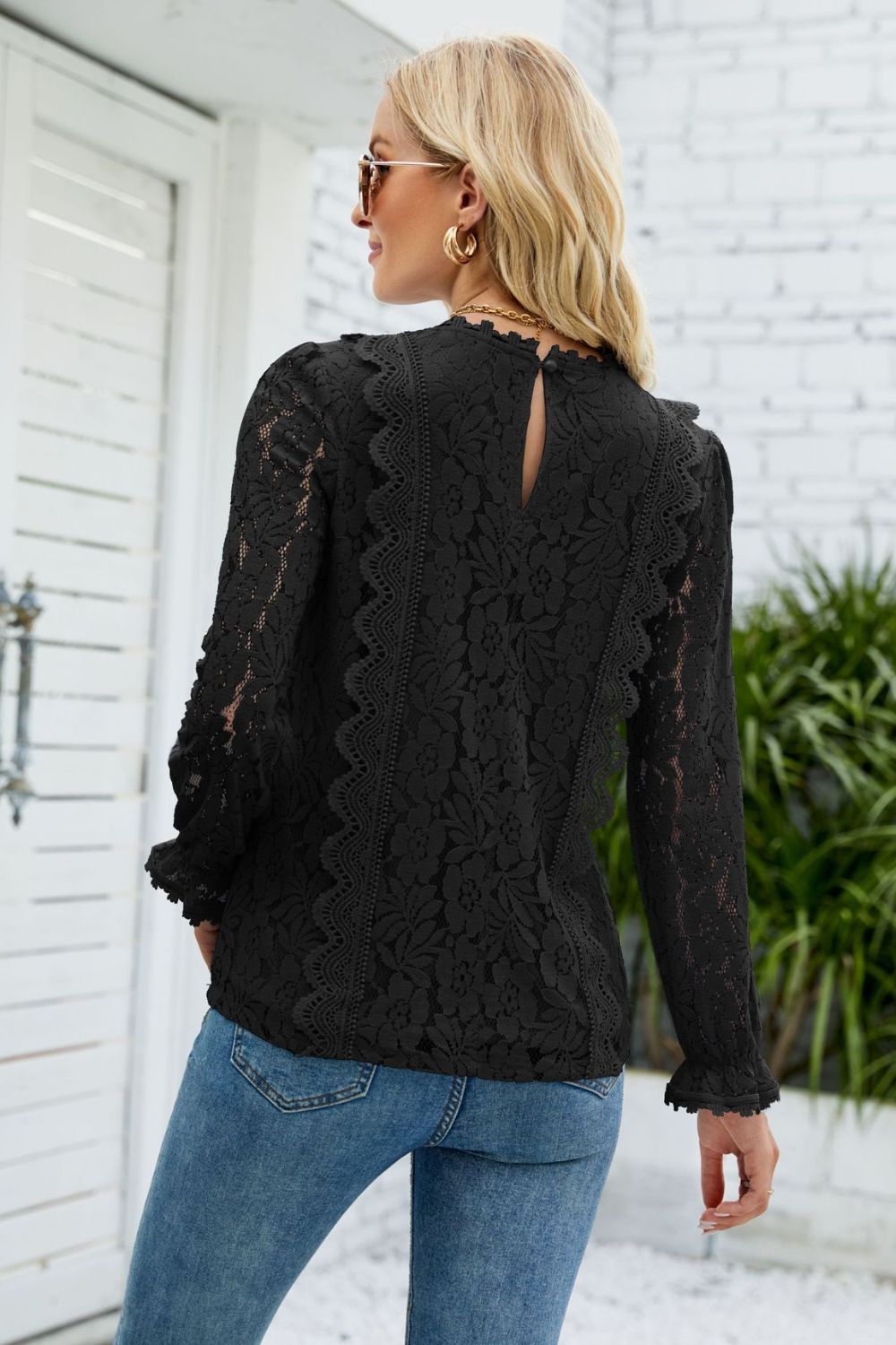 V-Neck Flounce Sleeve Lace Top - Flyclothing LLC