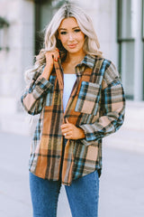 Plaid Curved Hem Shirt Jacket with Breast Pockets - Flyclothing LLC