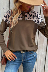 Leopard Buttoned Round Neck Drop Shoulder Top - Flyclothing LLC