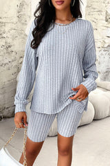 Ribbed Round Neck Dropped Shoulder Top and Shorts Set - Flyclothing LLC