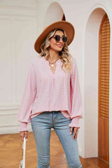 Notched Neck Flounce Sleeve Blouse - Flyclothing LLC