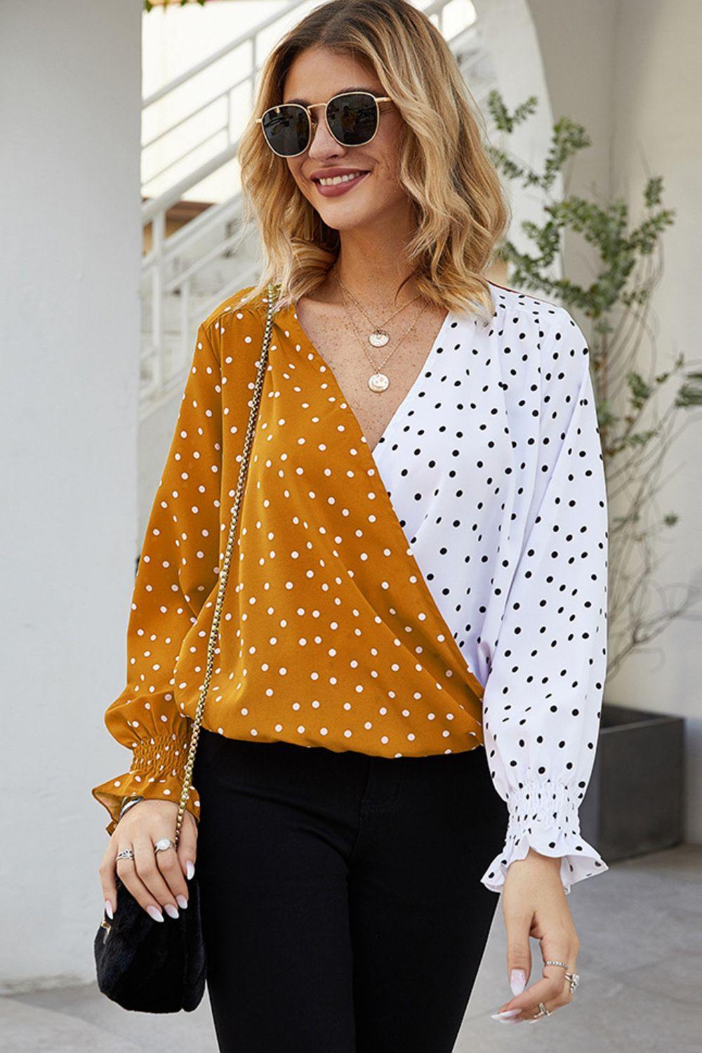 Polka Dot Surplice Neck Lantern Sleeve Blouse - Flyclothing LLC