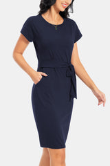 Tie Front Round Neck Short Sleeve Dress - Flyclothing LLC