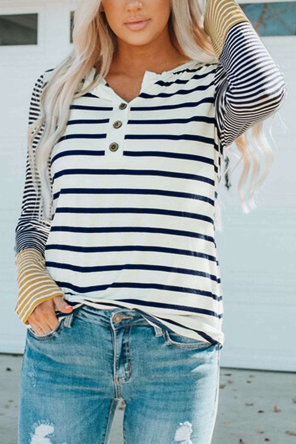 Striped Buttoned Long Sleeve Top - Flyclothing LLC