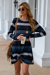 Striped Round Neck Long Sleeve Dress - Flyclothing LLC