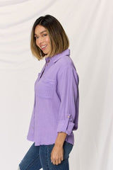 Zenana Texture Button Up Raw Hem Long Sleeve Shirt - Flyclothing LLC