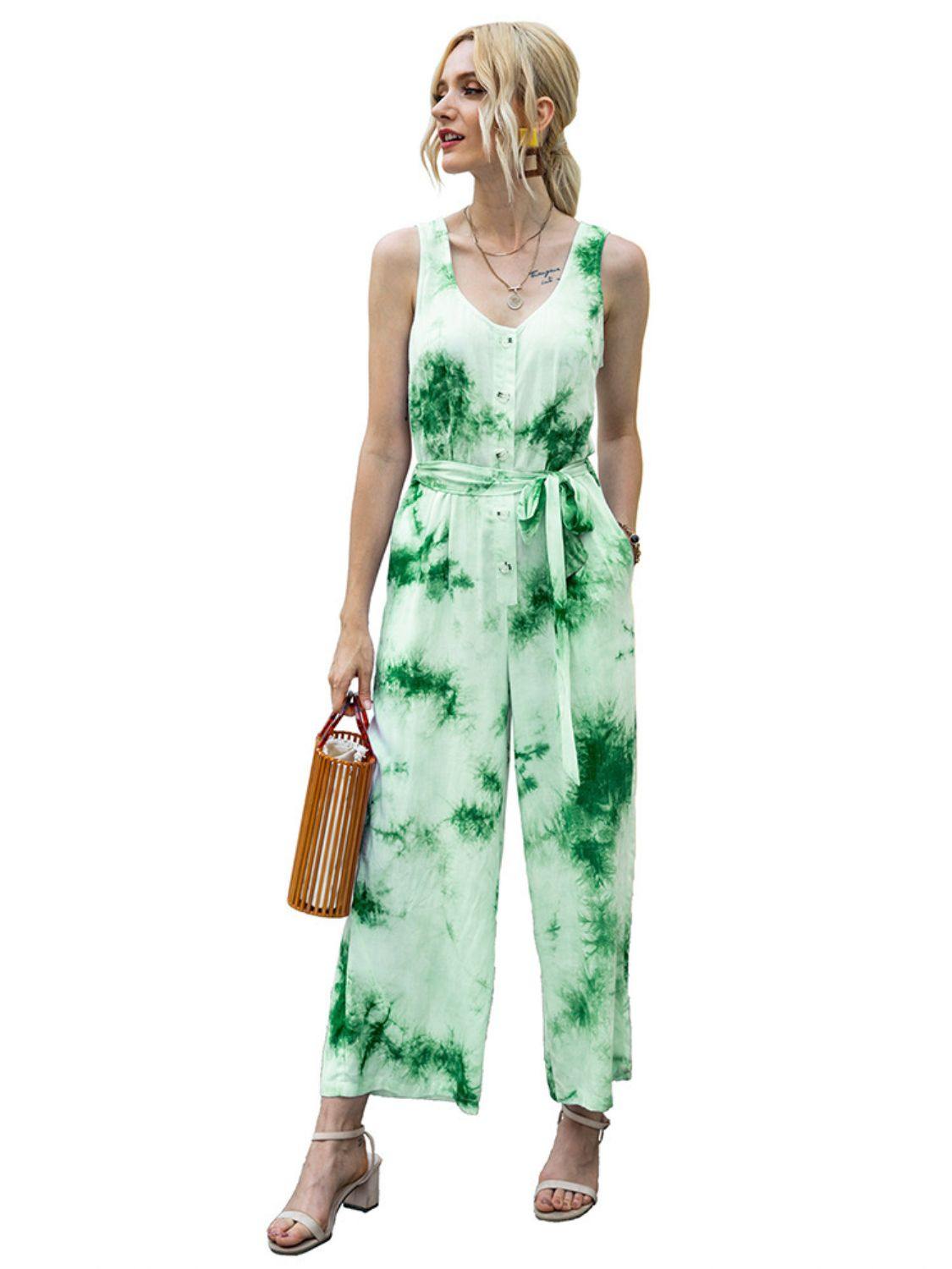 Tie-Dye Tie Waist Sleeveless Jumpsuit - Flyclothing LLC