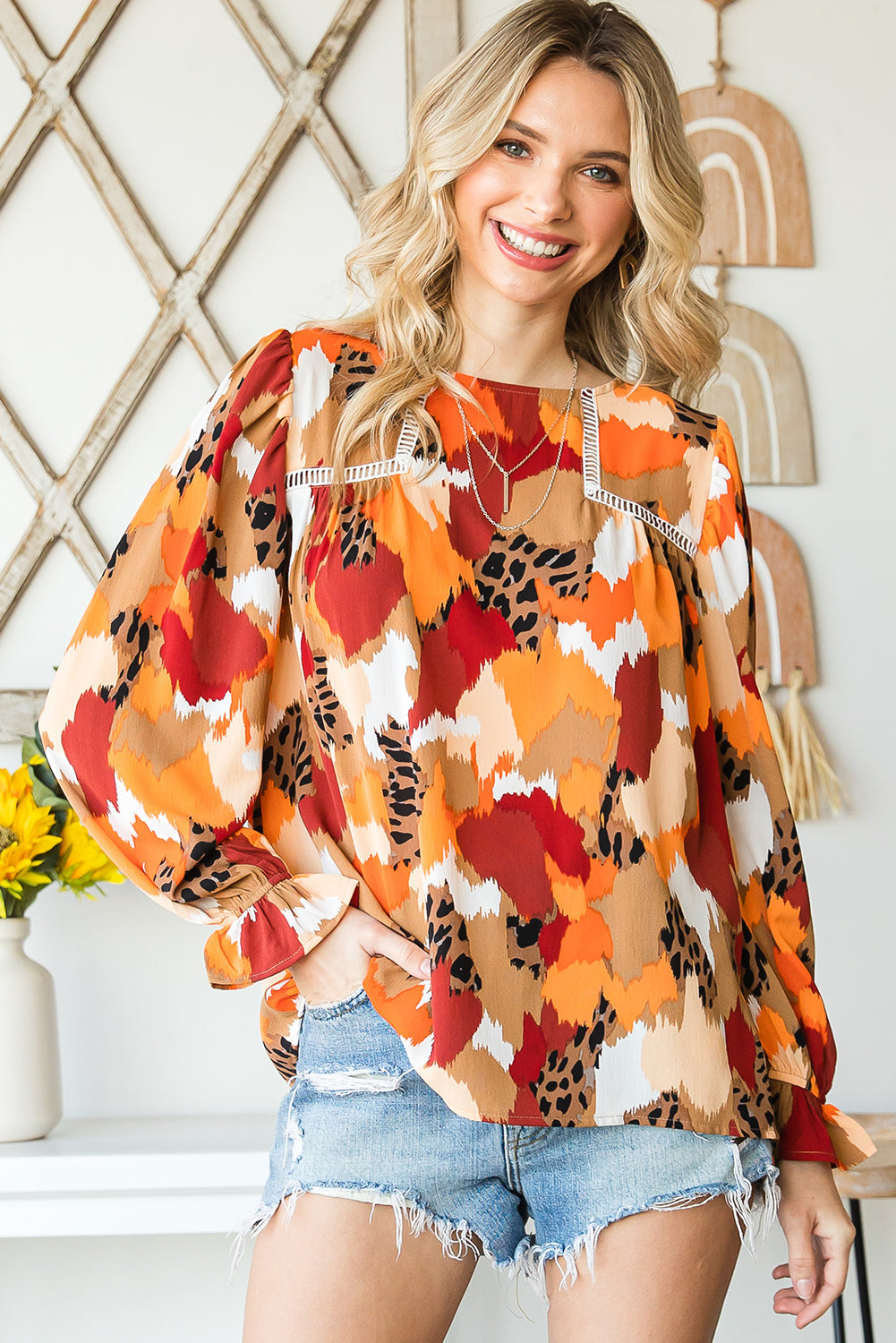 Printed Flounce Sleeve Buttoned Blouse - Flyclothing LLC