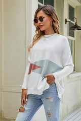 Color Block Round Neck Side Slit Sweater - Trendsi