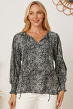 Printed Tie Neck Lantern Sleeve Blouse - Flyclothing LLC