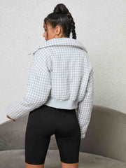 Houndstooth Zip-Up Jacket - Trendsi