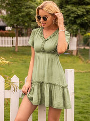 Frill V-Neck Short Sleeve Ruffle Hem Dress - Flyclothing LLC