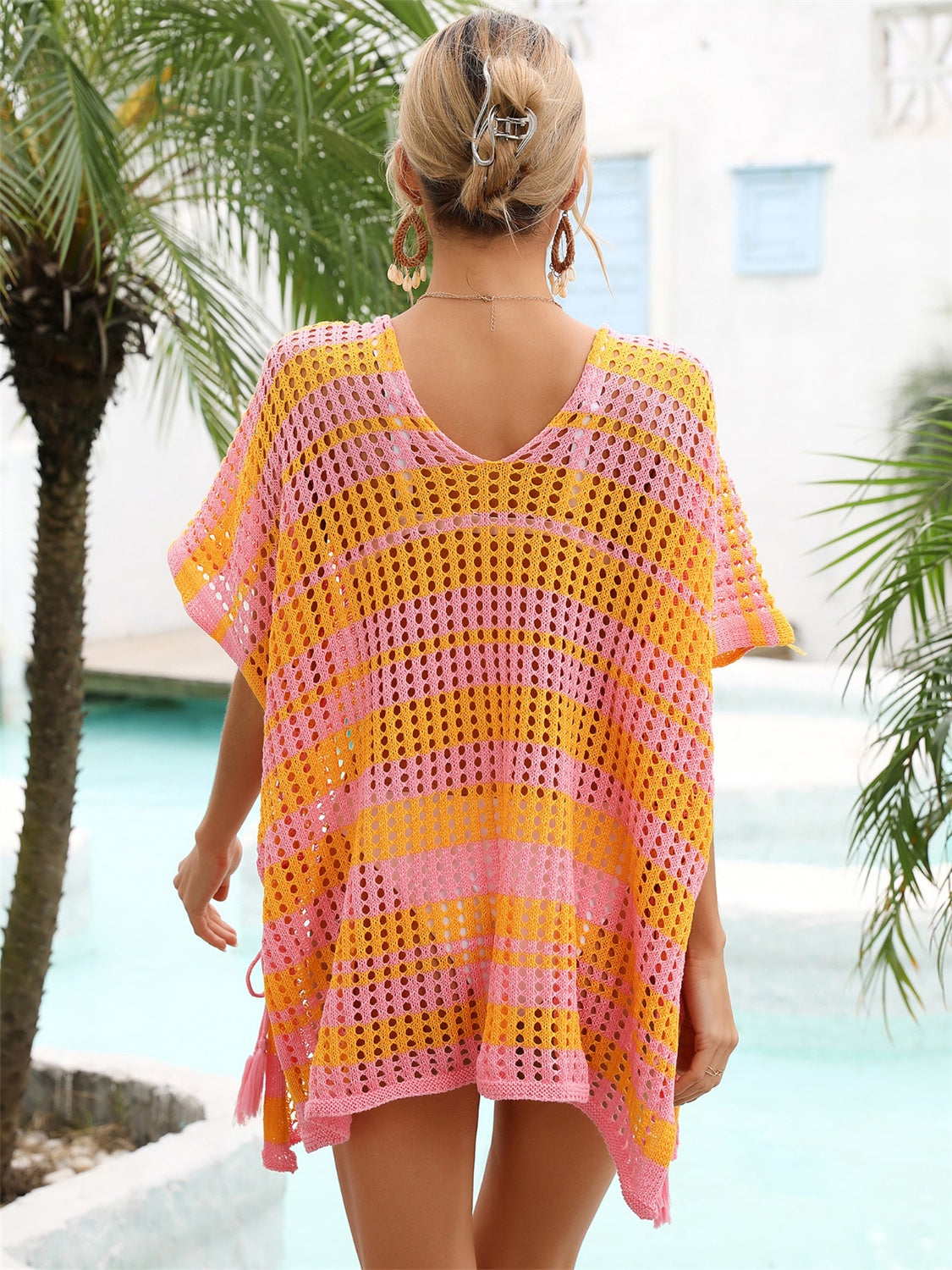 Tassel Openwork Striped V-Neck Cover Up - Flyclothing LLC