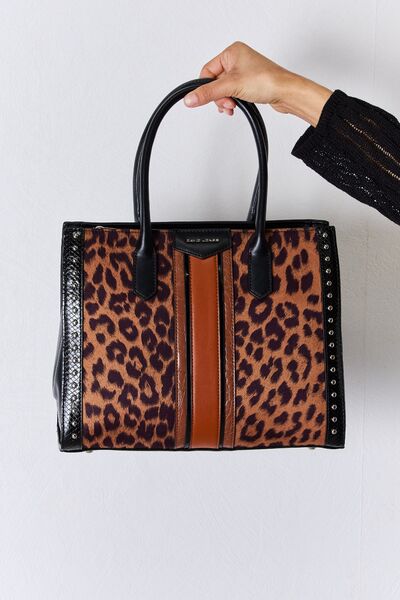 David Jones Leopard Contrast Rivet Handbag - Flyclothing LLC