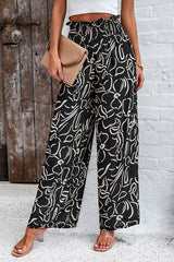 Smocked Printed Wide Leg Pants with Pockets - Flyclothing LLC