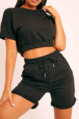 Short Sleeve Cropped Top and Drawstring Shorts Lounge Set - Flyclothing LLC