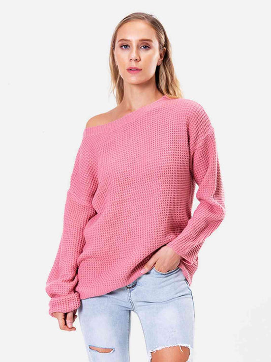 Boat Neck Drop Shoulder Long Sleeve Sweater - Flyclothing LLC