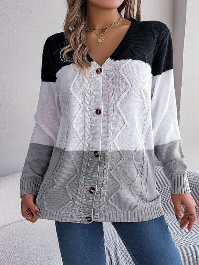 Cable-Knit Striped Button Up Cardigan - Flyclothing LLC