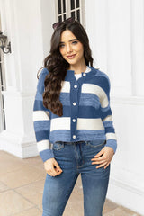 Striped Button Up Long Sleeve Cardigan - Flyclothing LLC