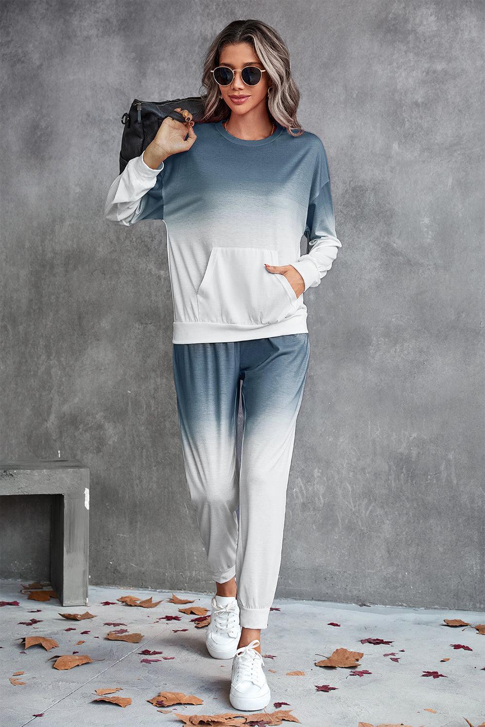 Gradient Round Neck Sweatshirt and Joggers Set - Flyclothing LLC