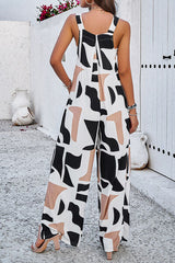 Printed Wide Strap Jumpsuit with Pockets - Flyclothing LLC