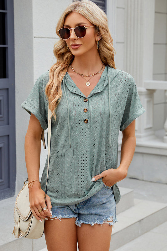 Eyelet Drawstring Hooded Short Sleeve Blouse - Flyclothing LLC