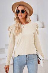 Round Neck Puff Sleeve Blouse - Flyclothing LLC