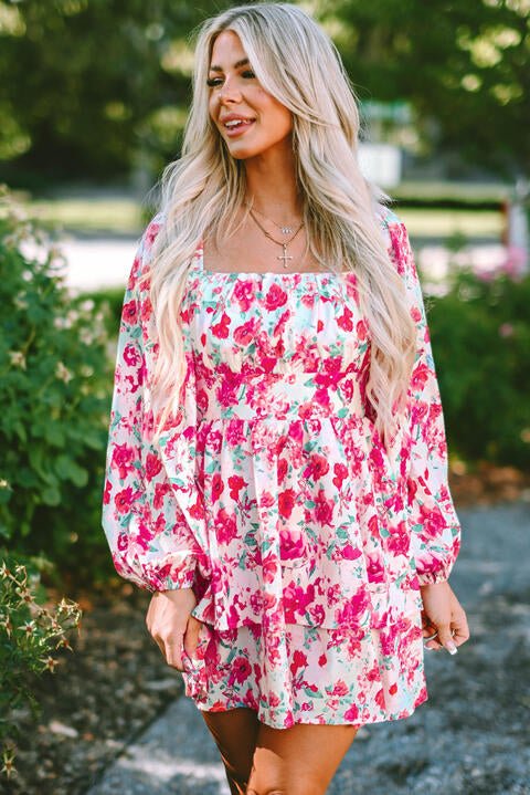 Floral Square Neck Layered Dress - Flyclothing LLC