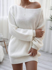 Rib-Knit Balloon Sleeve Boat Neck Sweater Dress - Flyclothing LLC